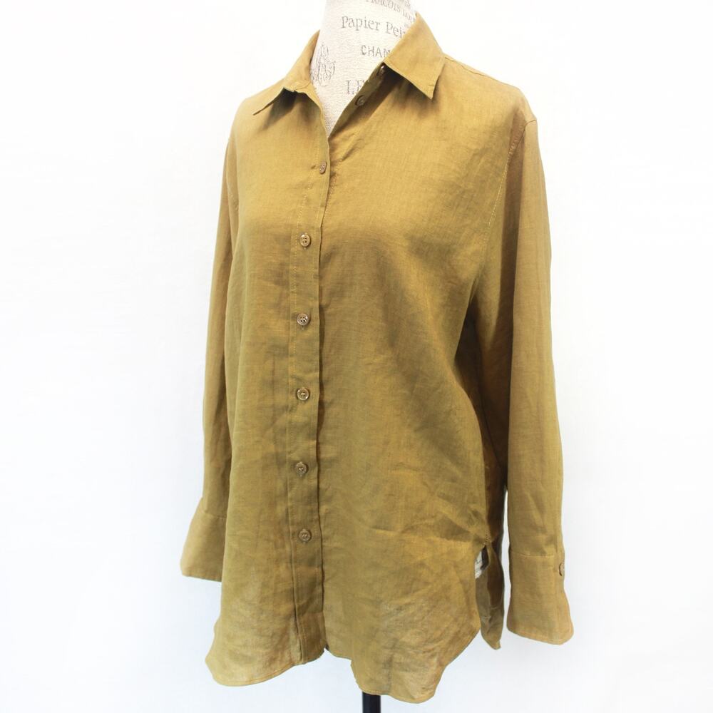 New Zara Linen Button up shirt blouse top long sleeve office career slits XS